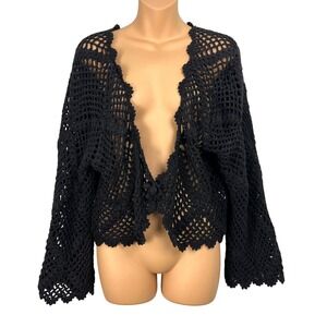 Rico Black Crochet Cardigan Cotton Boho Shrug L/XL Flare Sleeves Cottage Beach